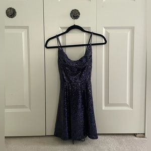 Lucy in the Sky Jewel Sequin Cowl Neck Mini Dress in Navy